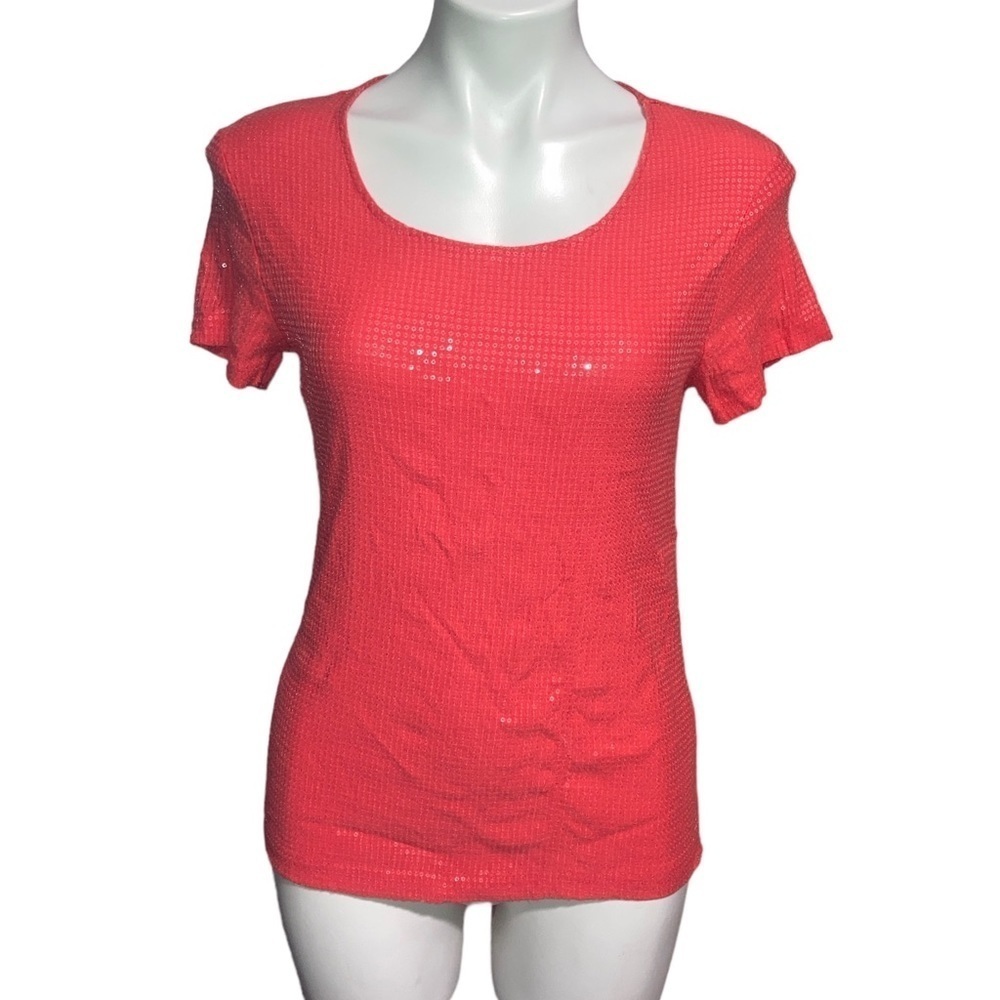 Cortelle Women’s Medium Bright Coral Orange Sequin Short Sleeve Top